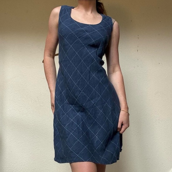 European Linen blue checkered dress with tie waist - Picture 2 of 8